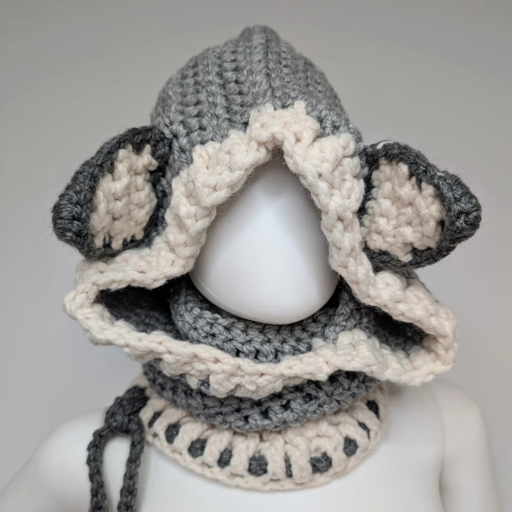 Handmade Crochet Gray & Cream Wolf Head Cowl Hood Scarf With Ears Beenie Hat